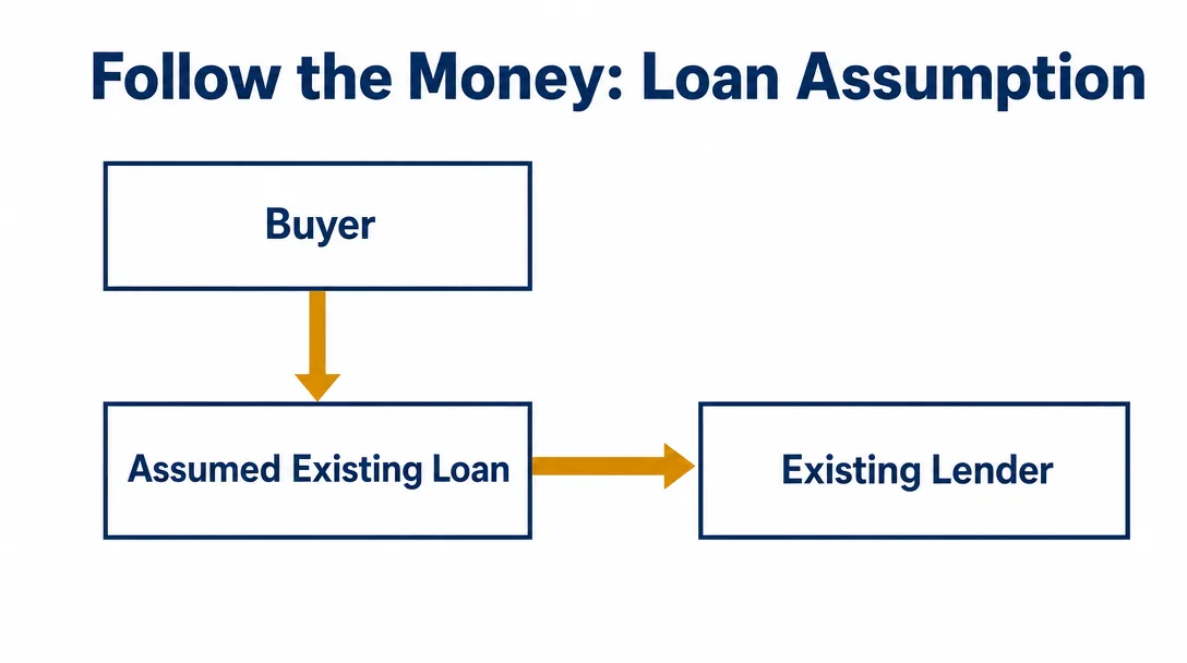 Follow the Money: Loan Assumption diagram showing Buyer to Assumed Existing Loan to Existing Lender