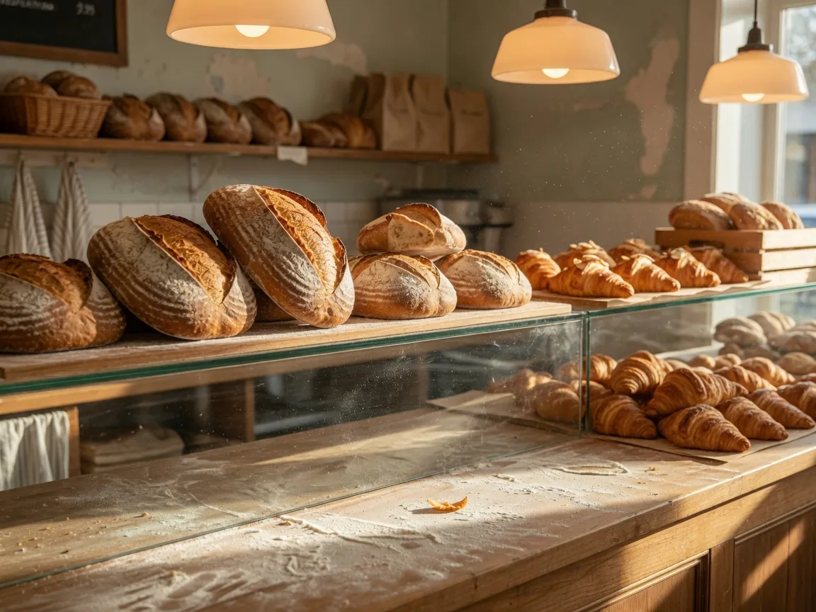 Sourdough loaves and croissants on wooden bakery shelves in warm morning light