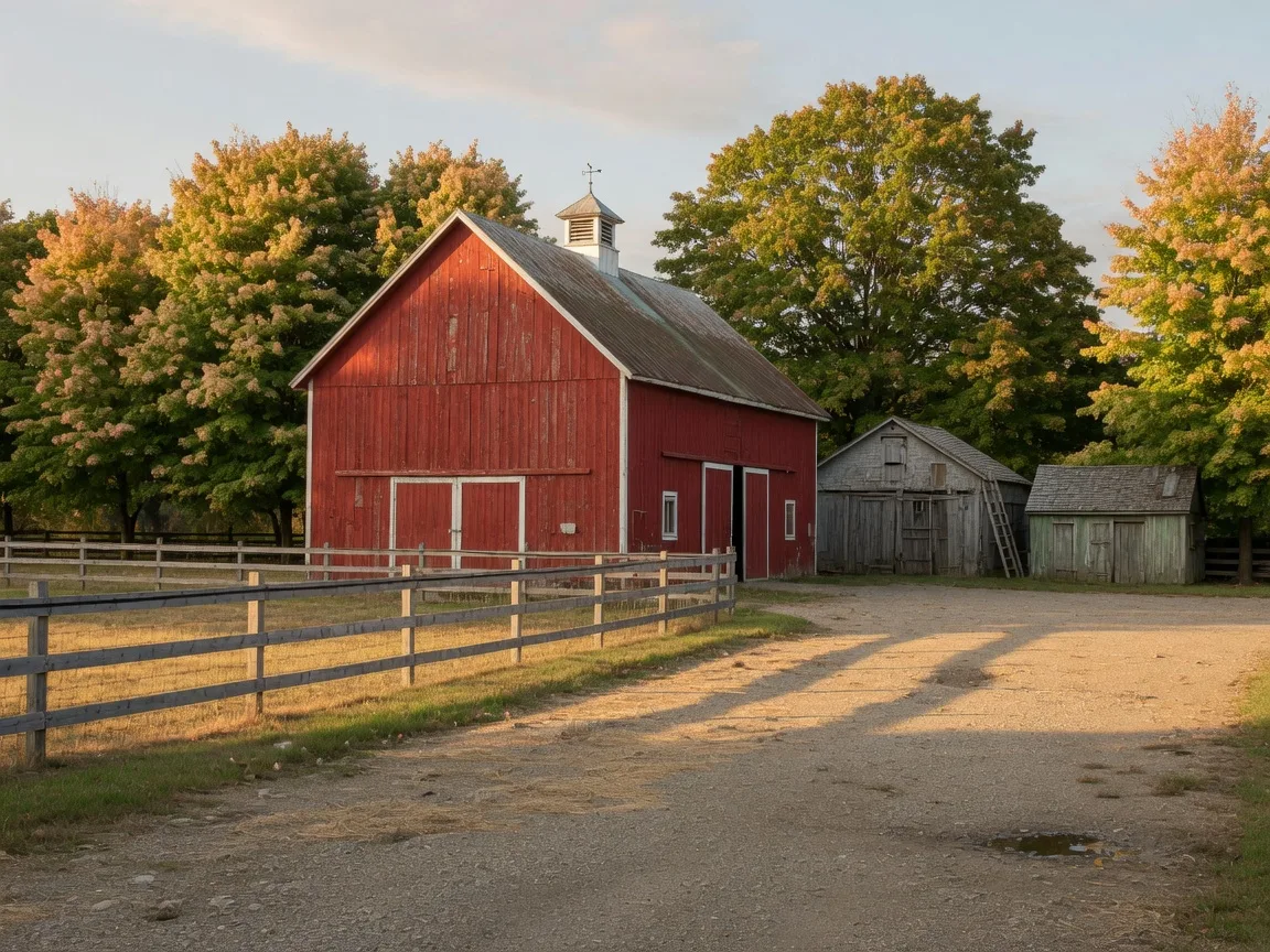 Classic red barn and fenced paddock on a rural Durham Region property in early autumn with maples just beginning to show fall colour
