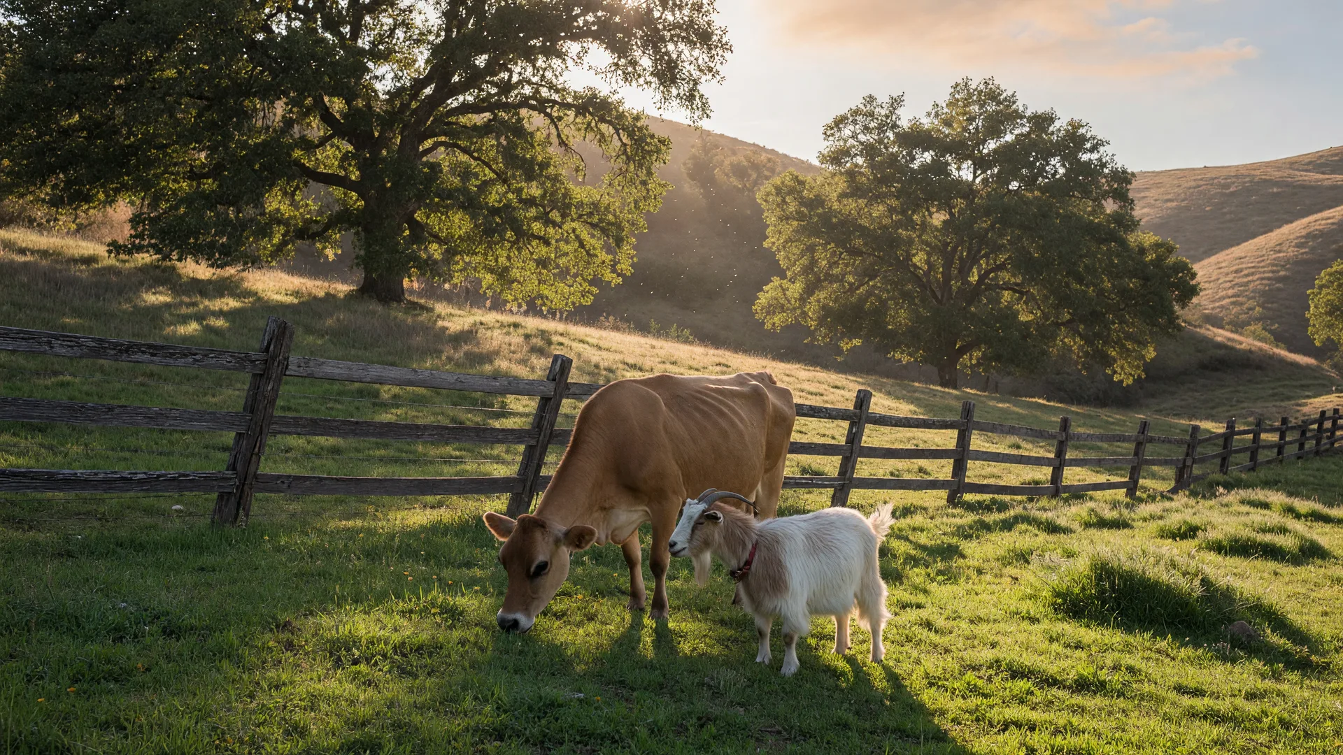 Peaceful morning at The Gentle Barn animal sanctuary in Santa Clarita with rescue animals in a green pasture