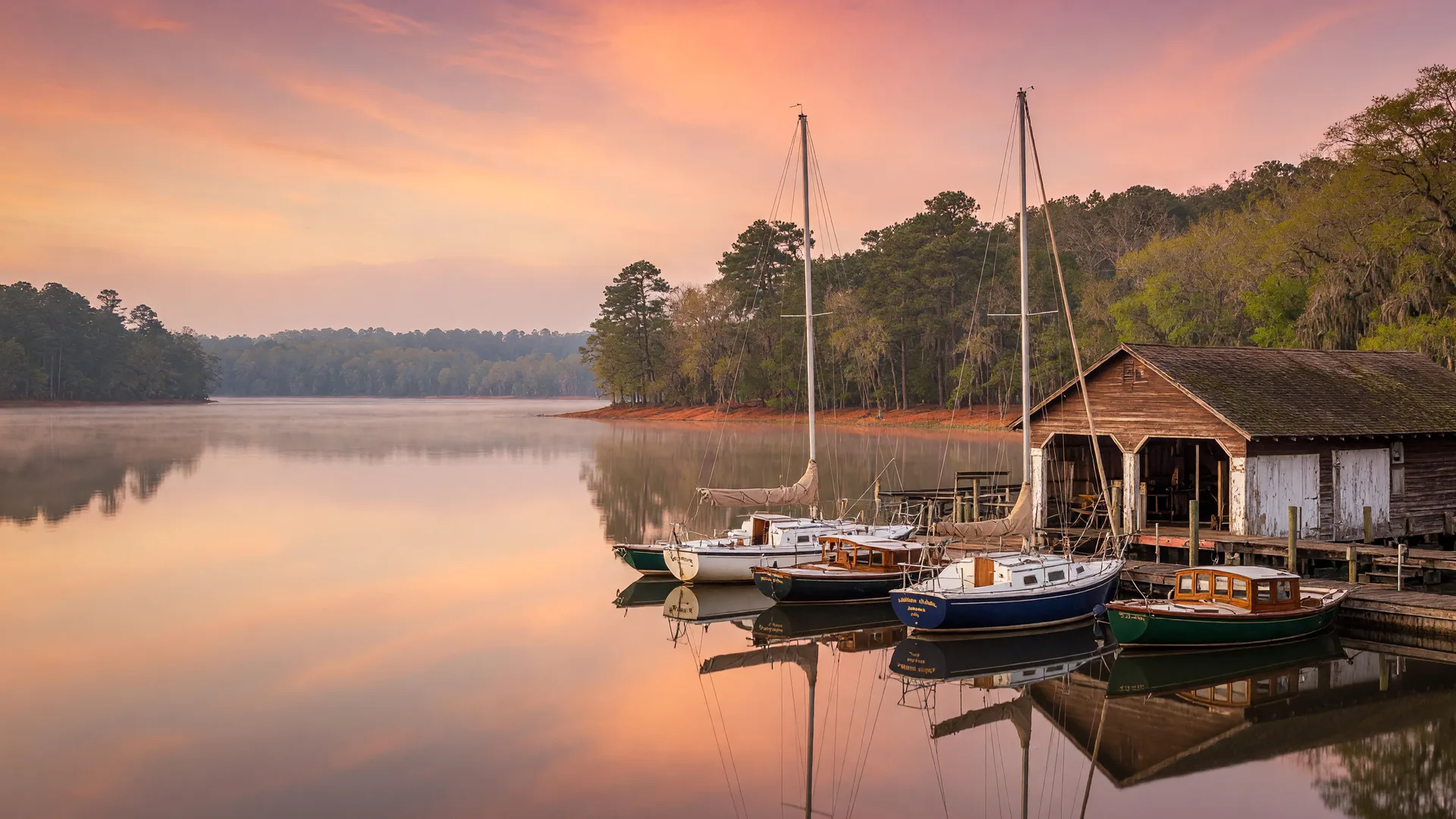 Sailboats moored beside a boathouse on a wide Georgia lake at sunrise
