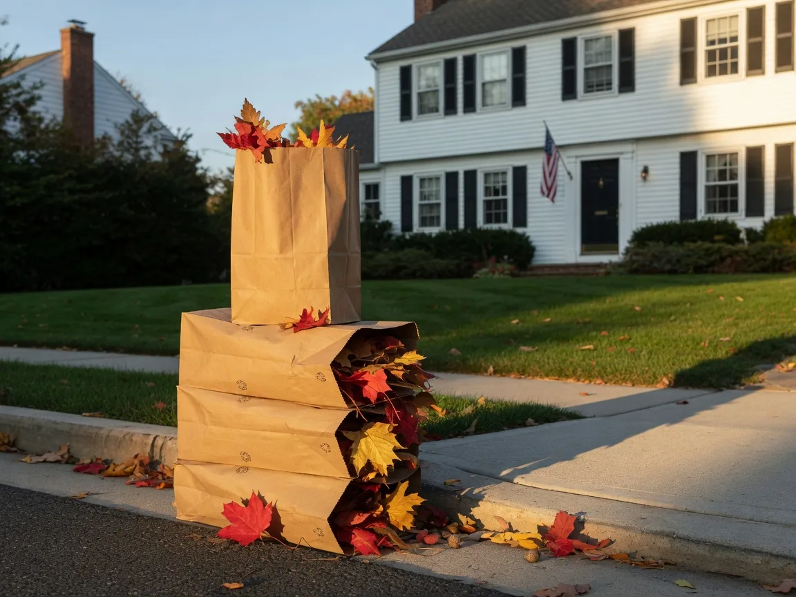 Brown paper leaf bags filled with autumn leaves at a suburban New Jersey curbside on a sunny October afternoon