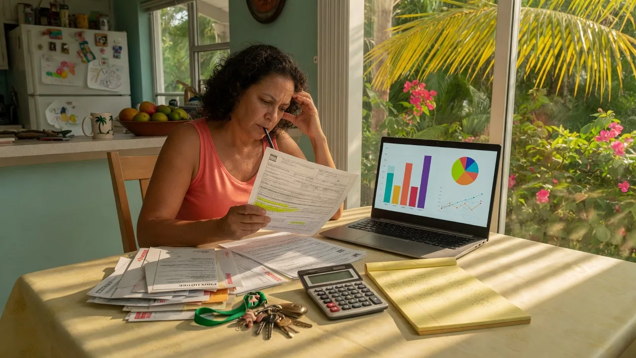 Florida homeowner reviewing insurance paperwork at a sunlit kitchen table