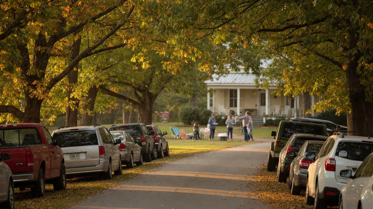 Cars lined along a tree-lined road at a Lake Hartwell homes tour event, with a historic white farmhouse visible through golden autumn light
