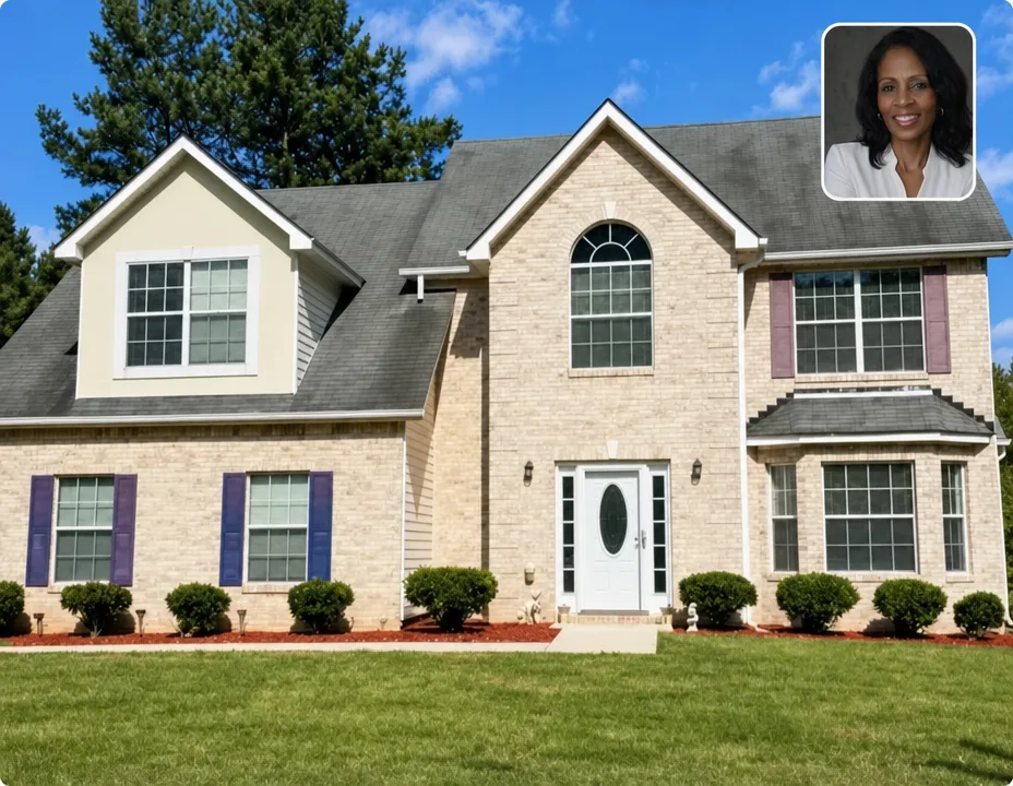 Sold two-story traditional brick home with light siding and Nancy's headshot in the corner in DeKalb County
