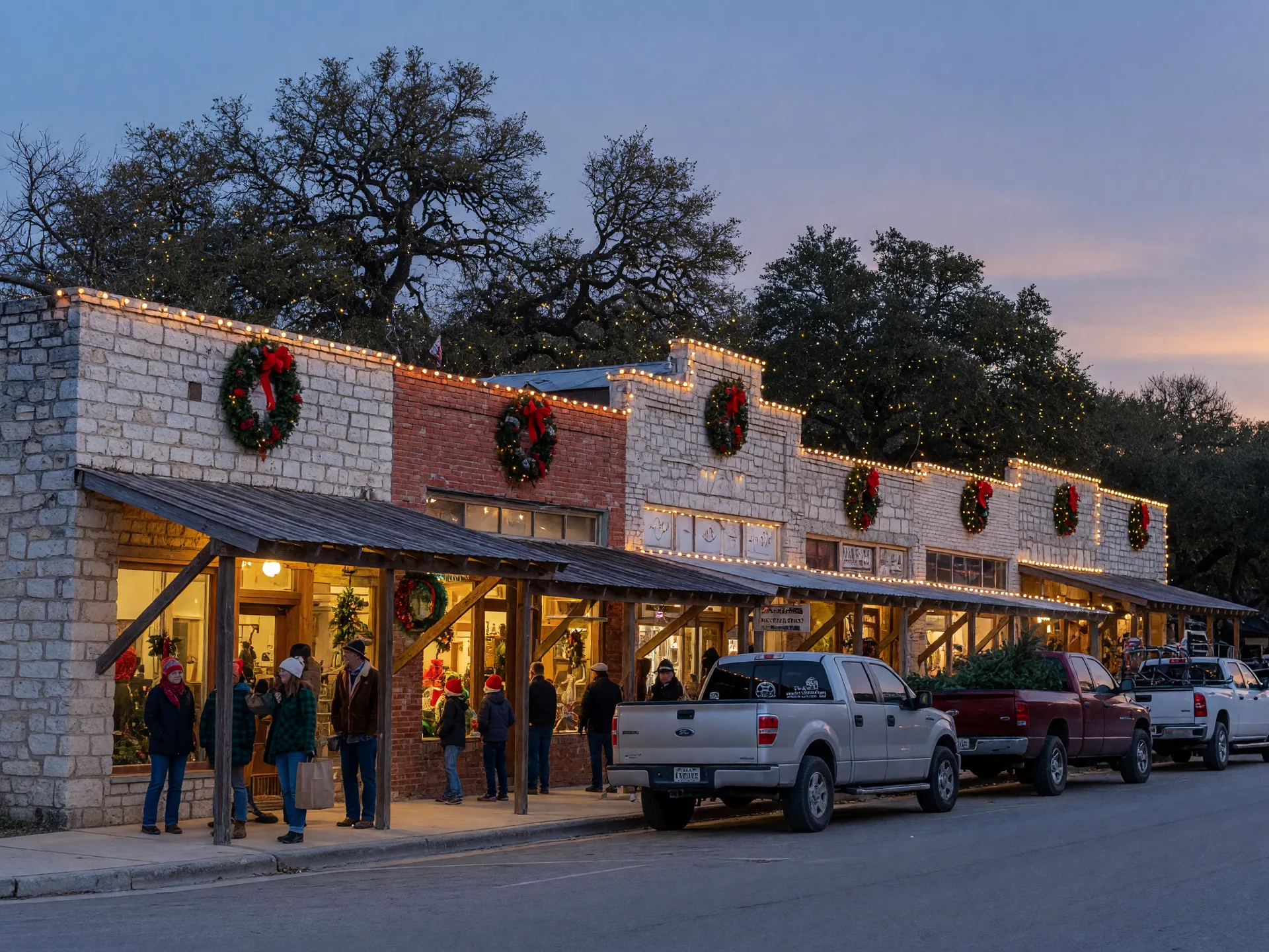 A historic Hill Country main street downtown at Christmas dusk, limestone storefronts lit with warm string lights and wreaths under a blue winter sky
