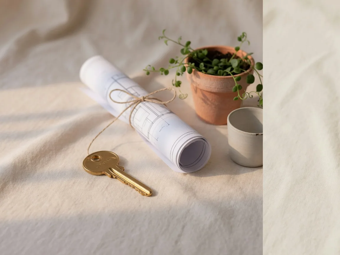 A brass house key on linen beside a rolled floor plan