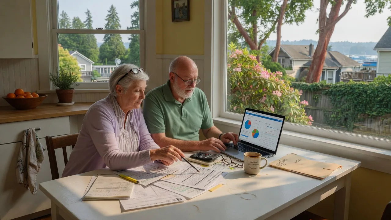 A senior couple reviewing financial documents at a kitchen table in their Victoria home