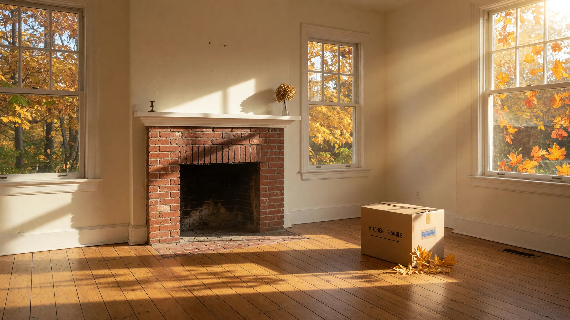 Sunlit New England living room with a fireplace and a single moving box, autumn light through the windows