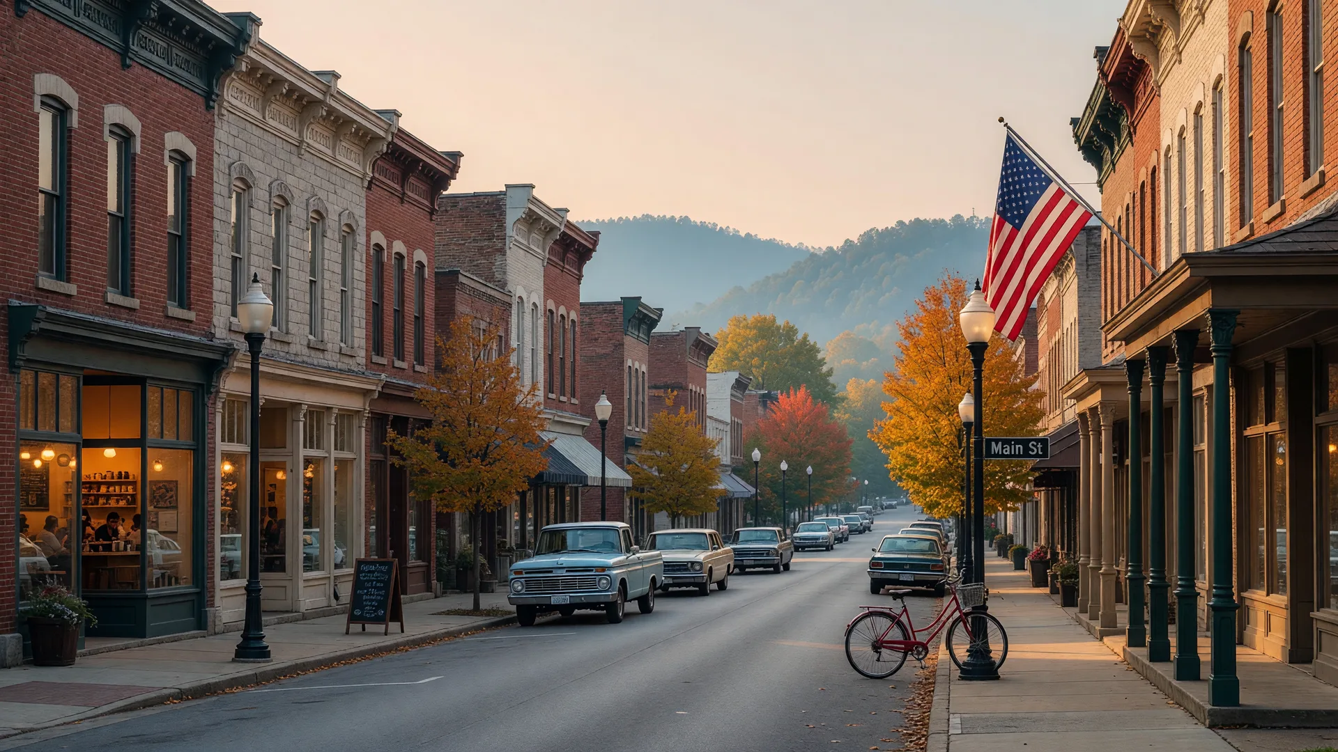 Historic brick storefronts on a small-town Kentucky main street in Franklin on a sunny morning