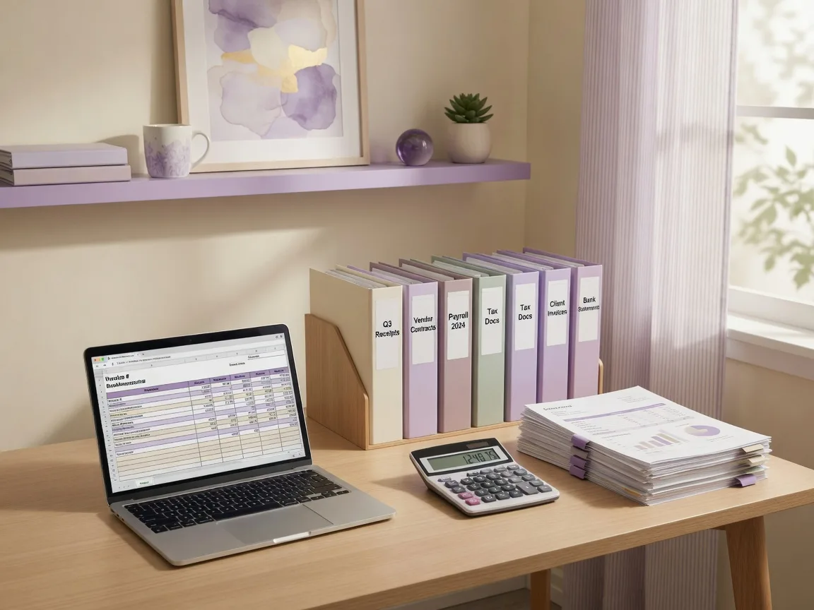 Small-business accounting office with a ledger on a wooden desk