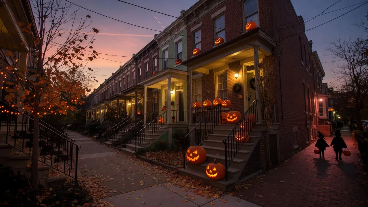 Carved jack-o'-lanterns glowing on the stoops of brick rowhouses in a historic Washington, DC neighborhood on a Halloween evening, with autumn leaves and warm porch lights