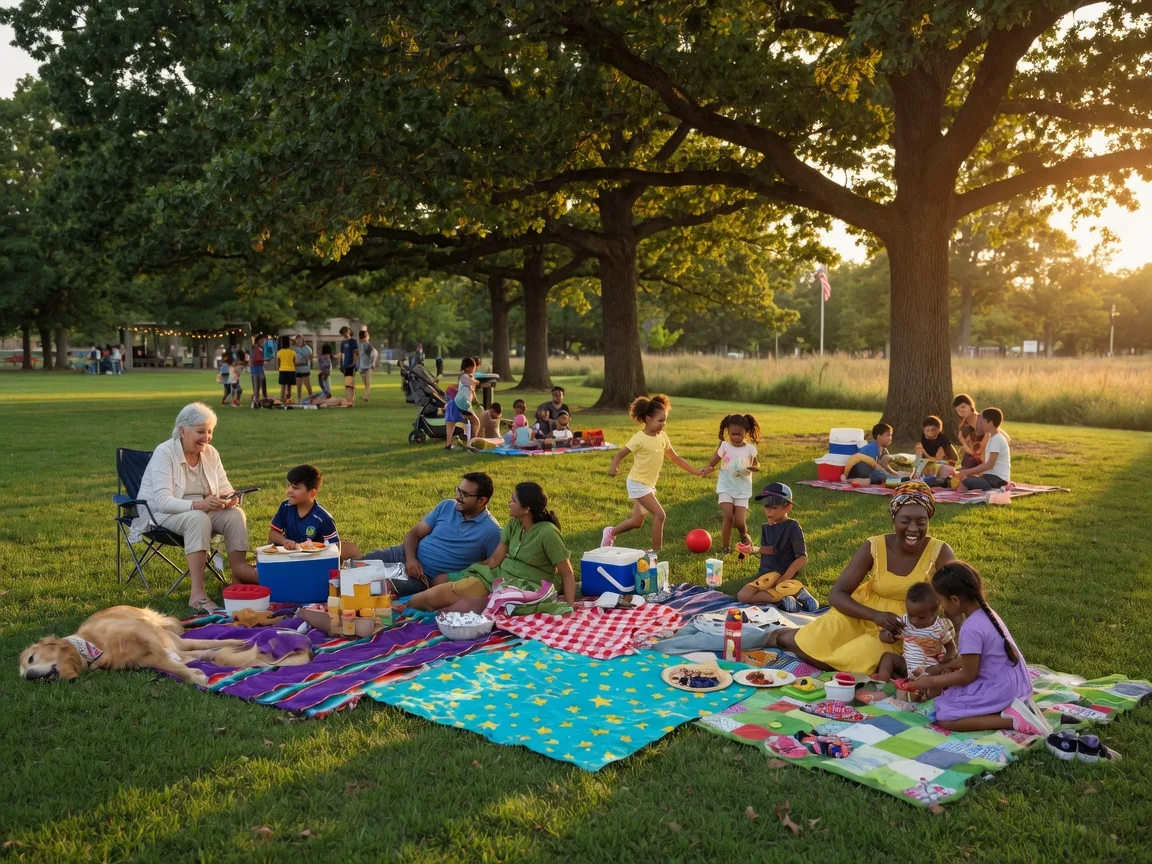 Families enjoying a community event in an Overland Park park on a warm golden-hour afternoon