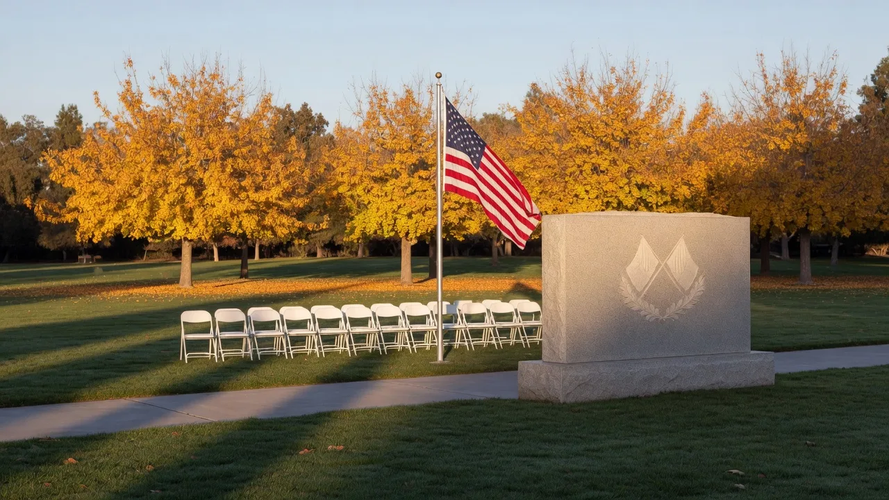 A community war memorial in a California park on a clear November morning with an American flag, a granite memorial stone, and golden autumn trees