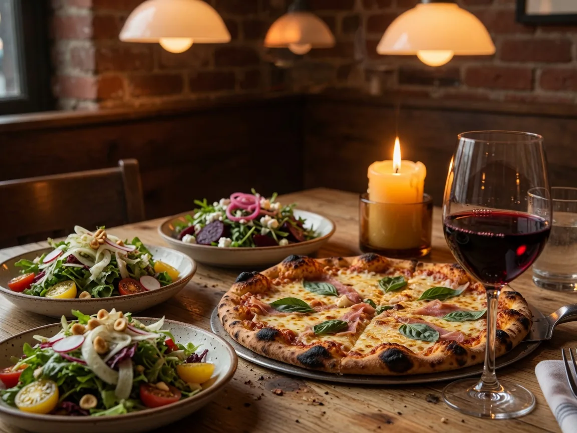 A candlelit restaurant table in West Linn with a wood-fired pizza, seasonal salads, and a glass of Oregon wine