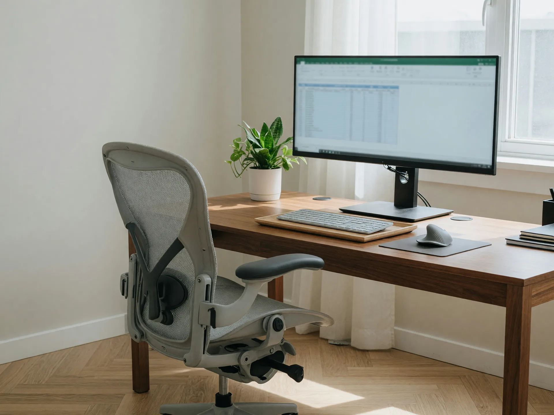 Ergonomic desk setup with a monitor at eye level and a supportive chair