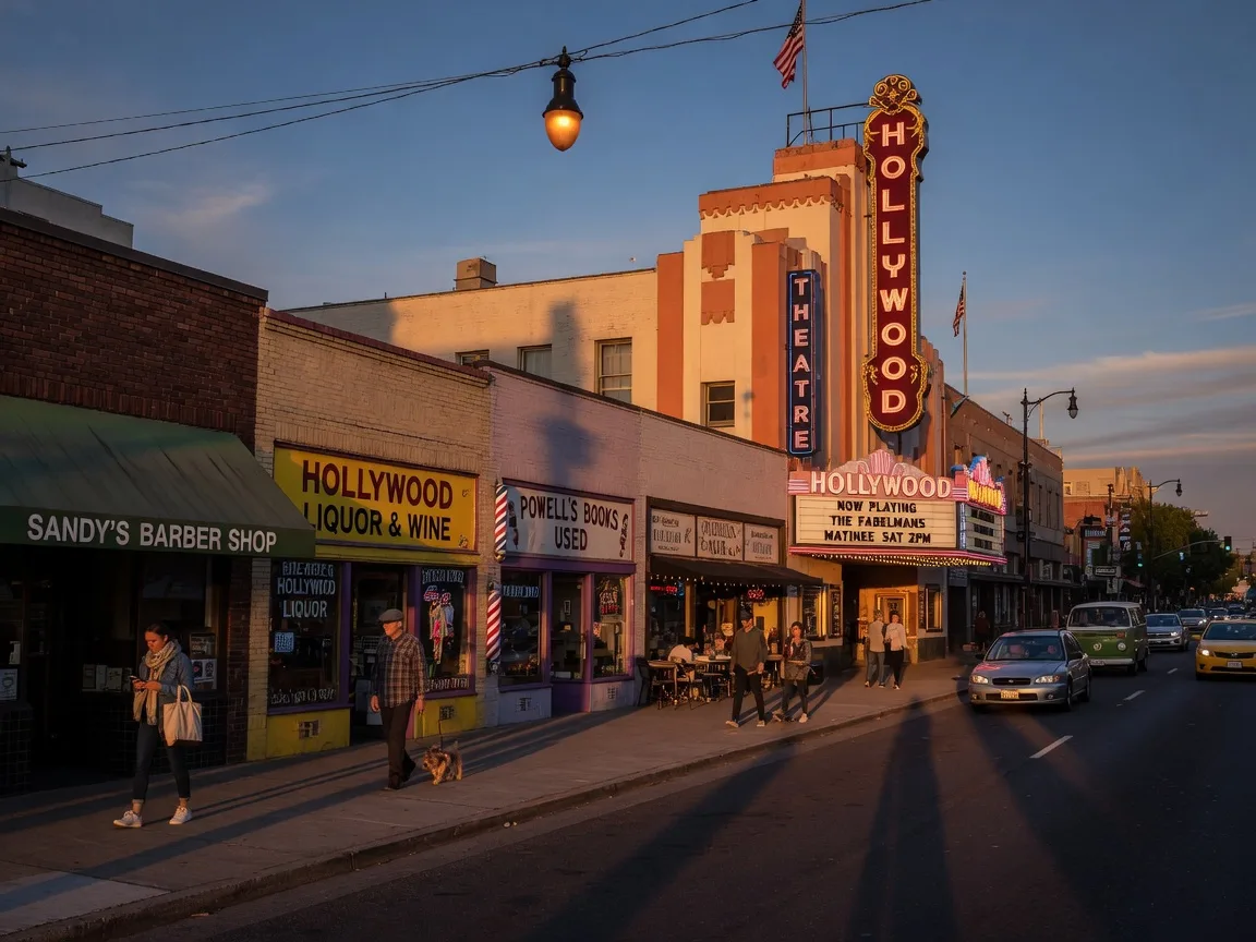 The Hollywood Theatre marquee and vintage storefronts along NE Sandy Boulevard in warm evening light