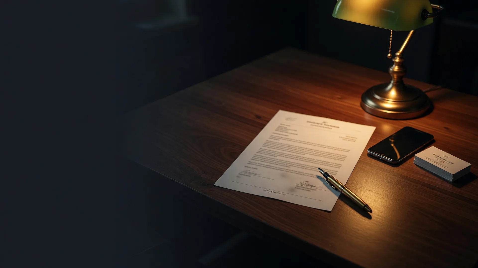 A dark walnut desk at midnight with a brokerage agreement and warm amber lamp light, representing the decision to switch brokerages