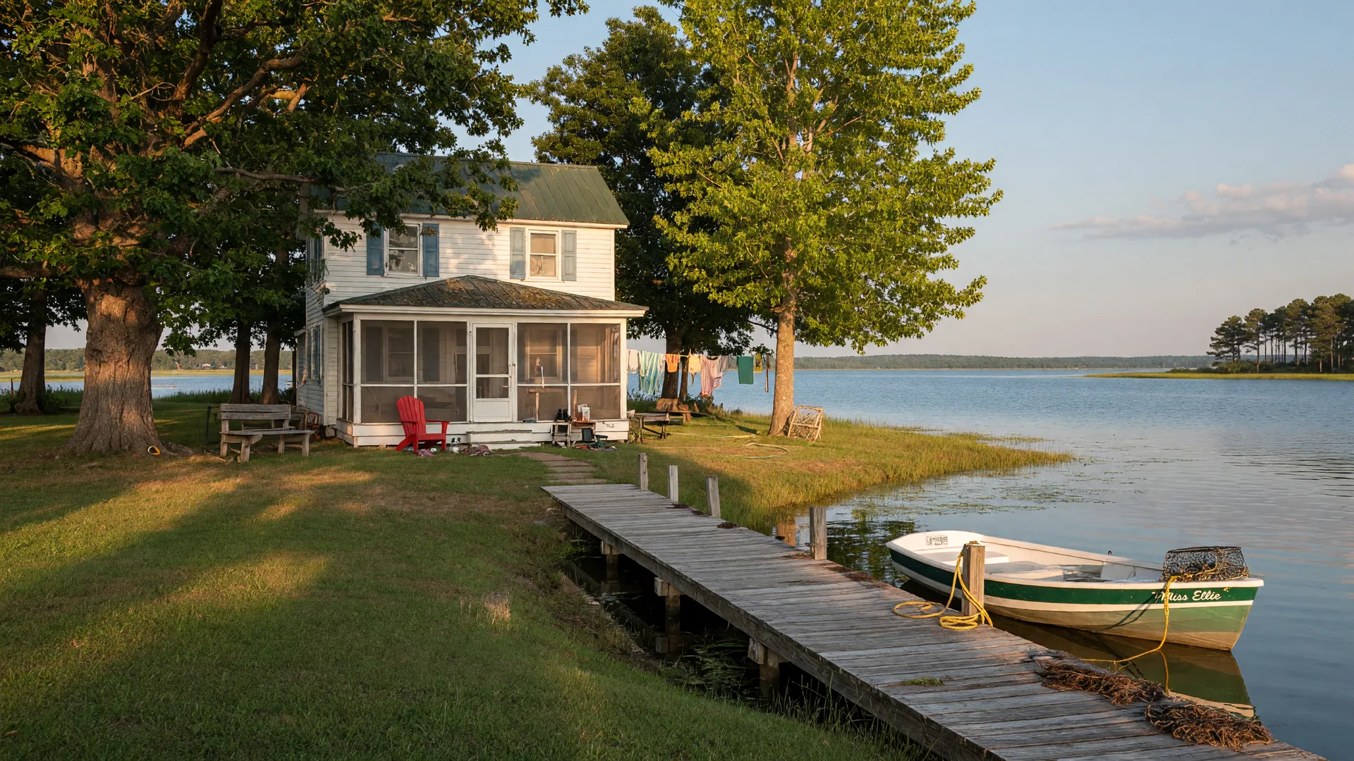 A peaceful Chesapeake Bay waterfront vacation cottage with a weathered wooden dock, small boat, and mature shade trees on a warm summer afternoon