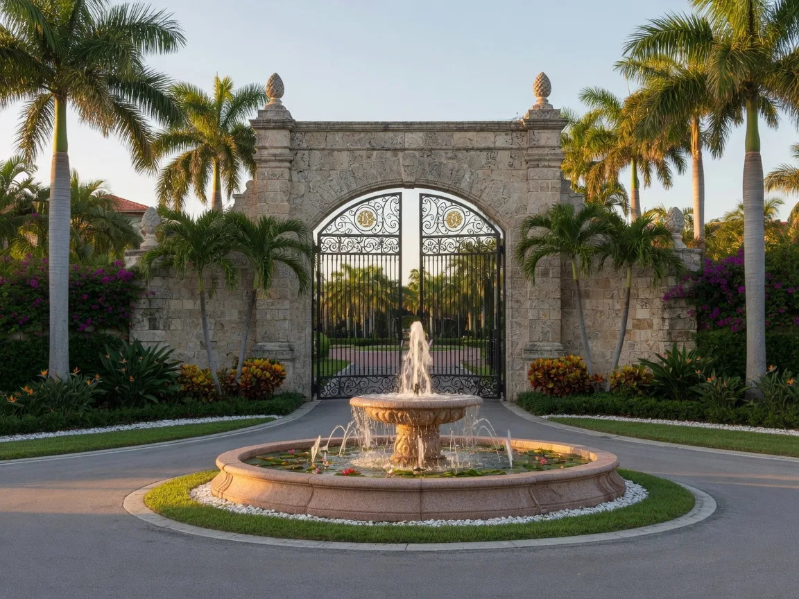 Seven Bridges gated community entrance in Delray Beach with stone gateway, fountains, and tropical landscaping