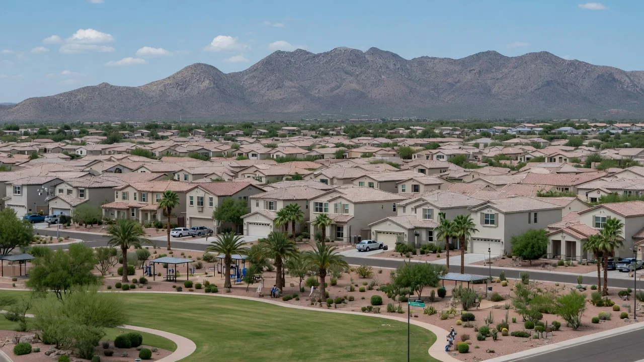 Golden hour view of north Peoria, Arizona, with master-planned homes among the desert, Lake Pleasant, and the Bradshaw Mountains on the horizon