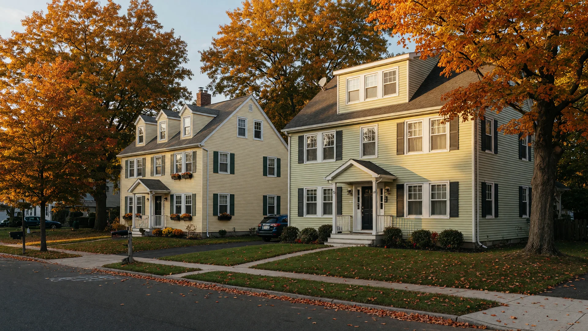 Two similar colonial homes side by side on a tree-lined Essex County street in mid-October, one slightly larger than the other, with amber maples and tidy lawns