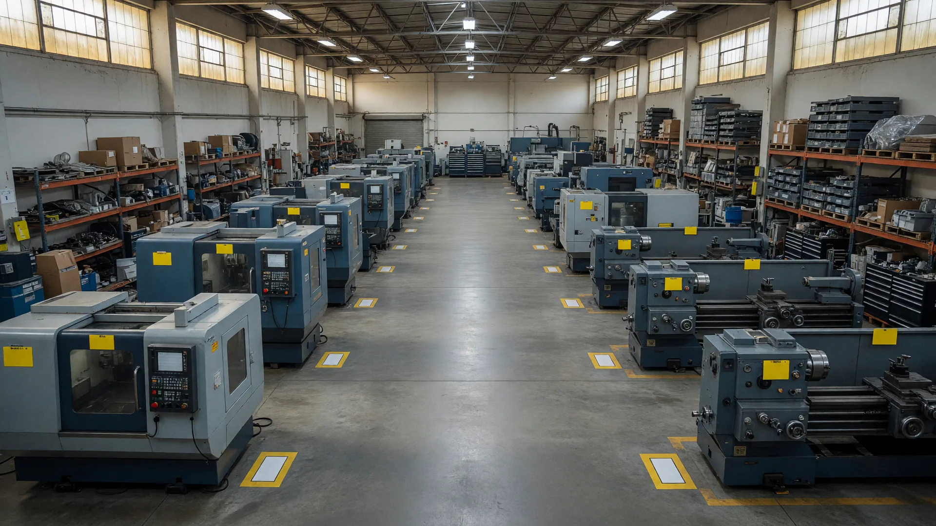 Machinery and equipment staged with lot tags for a Chapter 7 asset auction inside an Ohio industrial warehouse under soft daylight
