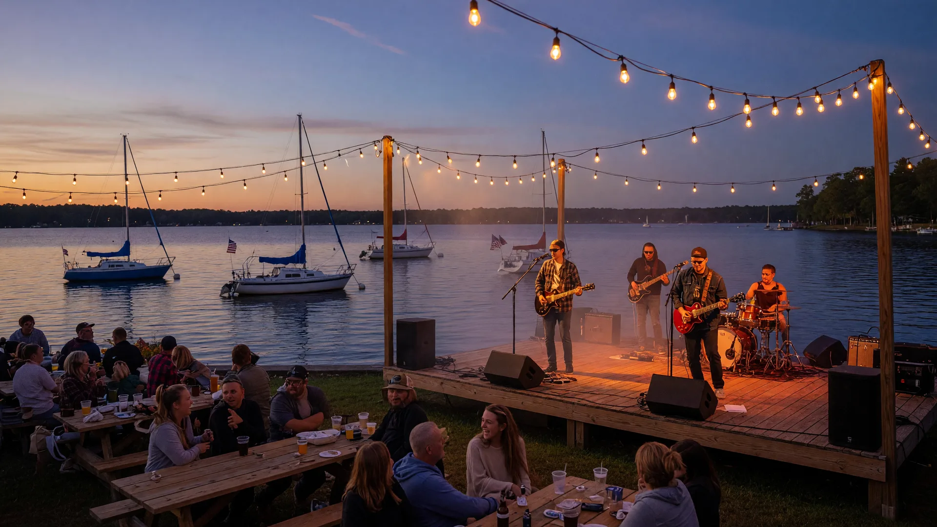 A live rock band performing on a string-lit lakeside stage on Lake Norman at mid-September dusk, with a crowd at wooden tables and sailboats moored behind