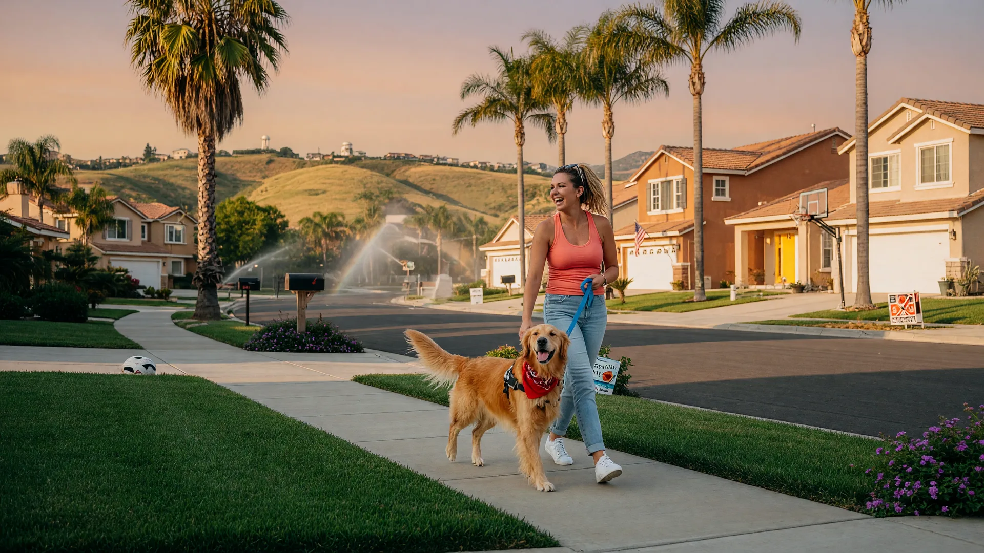 A dog owner walking their golden retriever along a sunny suburban sidewalk in Murrieta, California