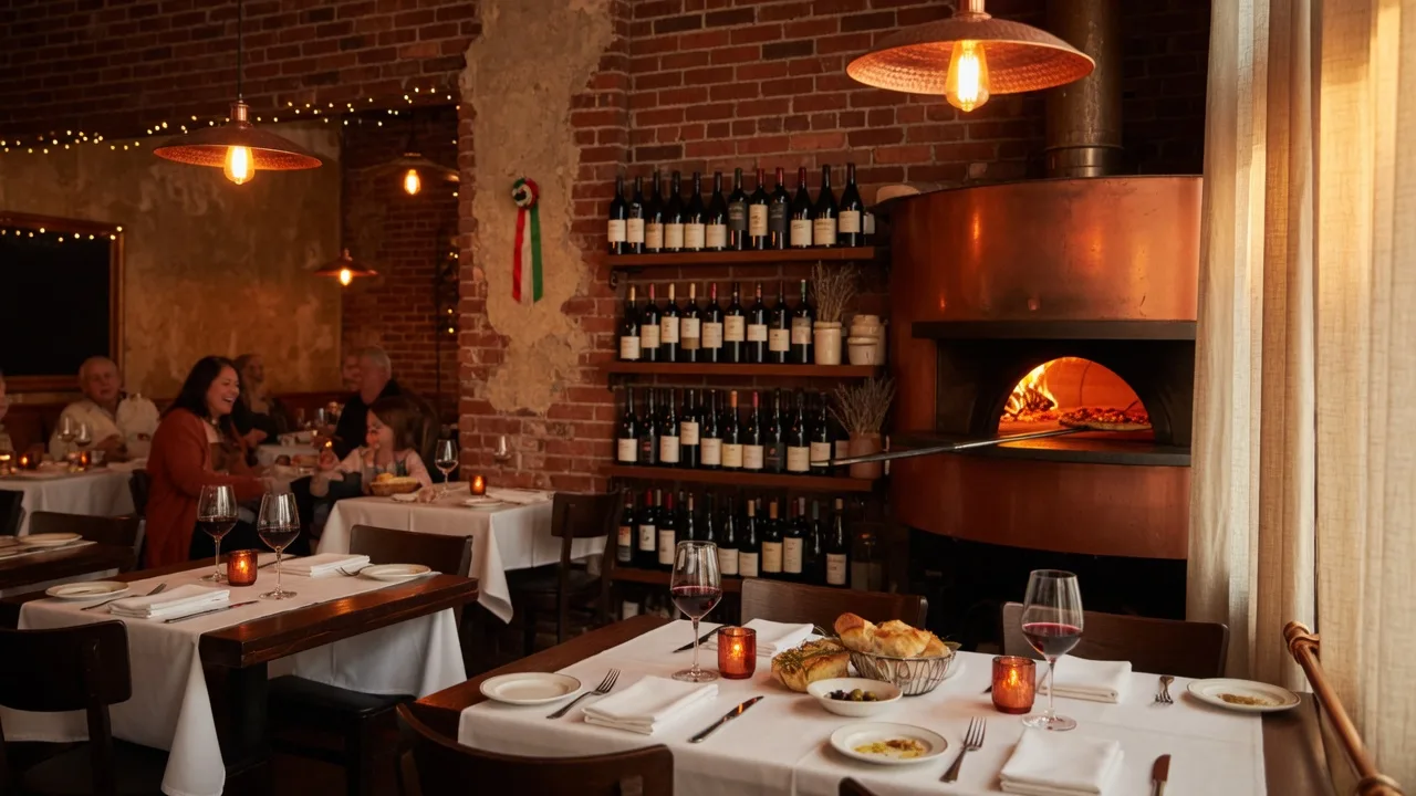 Warm Italian restaurant interior with exposed brick, amber pendant lights, candlelit wood tables, glowing brick oven, and wine bottles on shelves