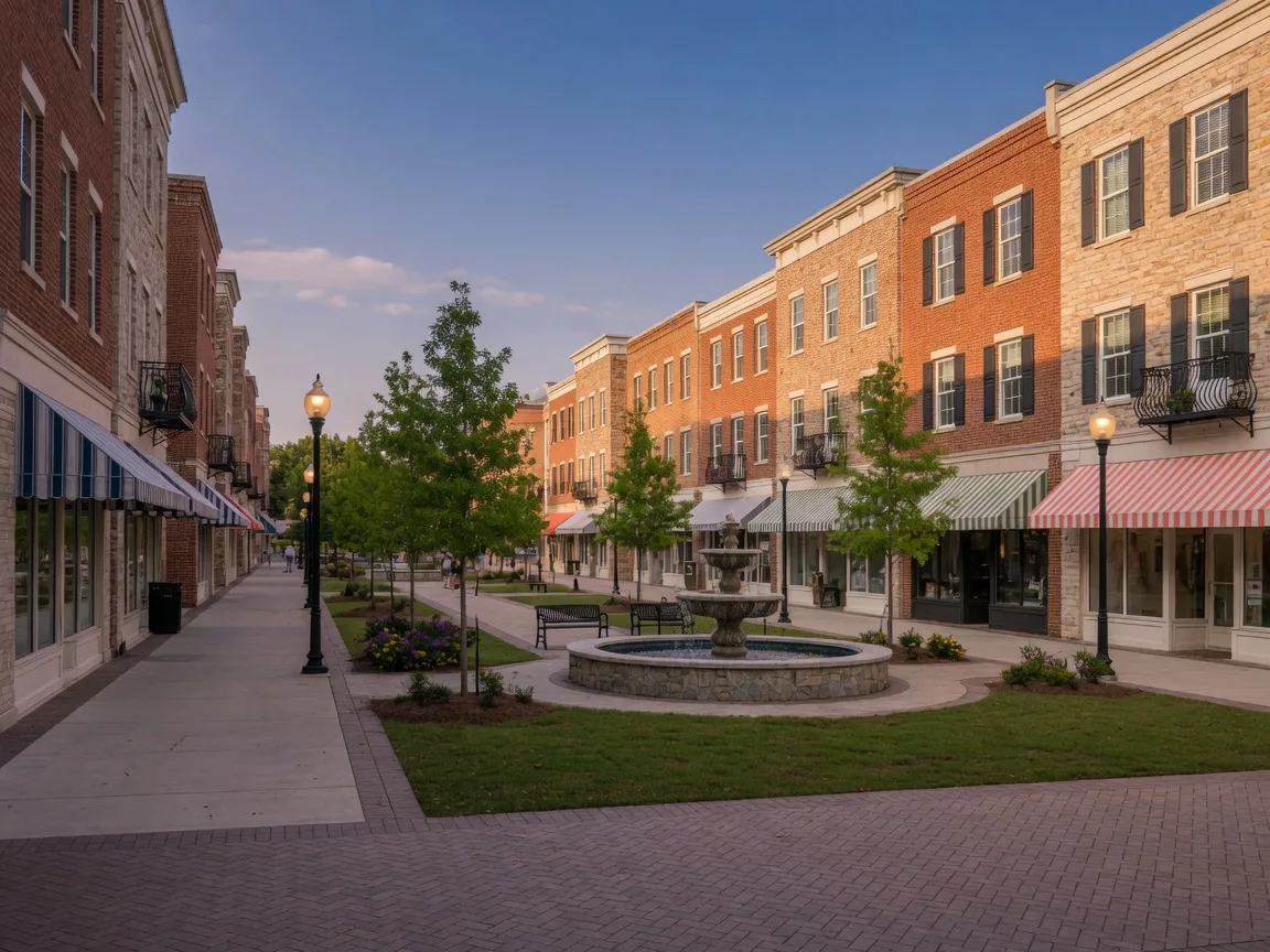 Baxter Village town center in Fort Mill with brick buildings, storefront awnings, and a central green