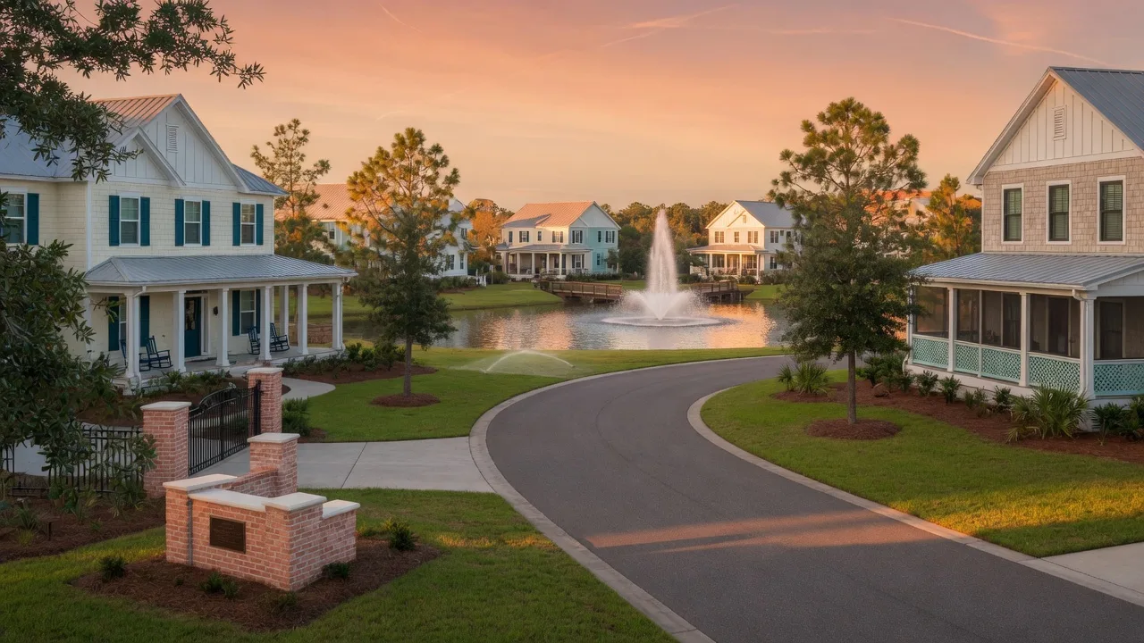 Curving street in the Crosswater village of Nocatee with a brick entry monument and coastal homes at golden hour