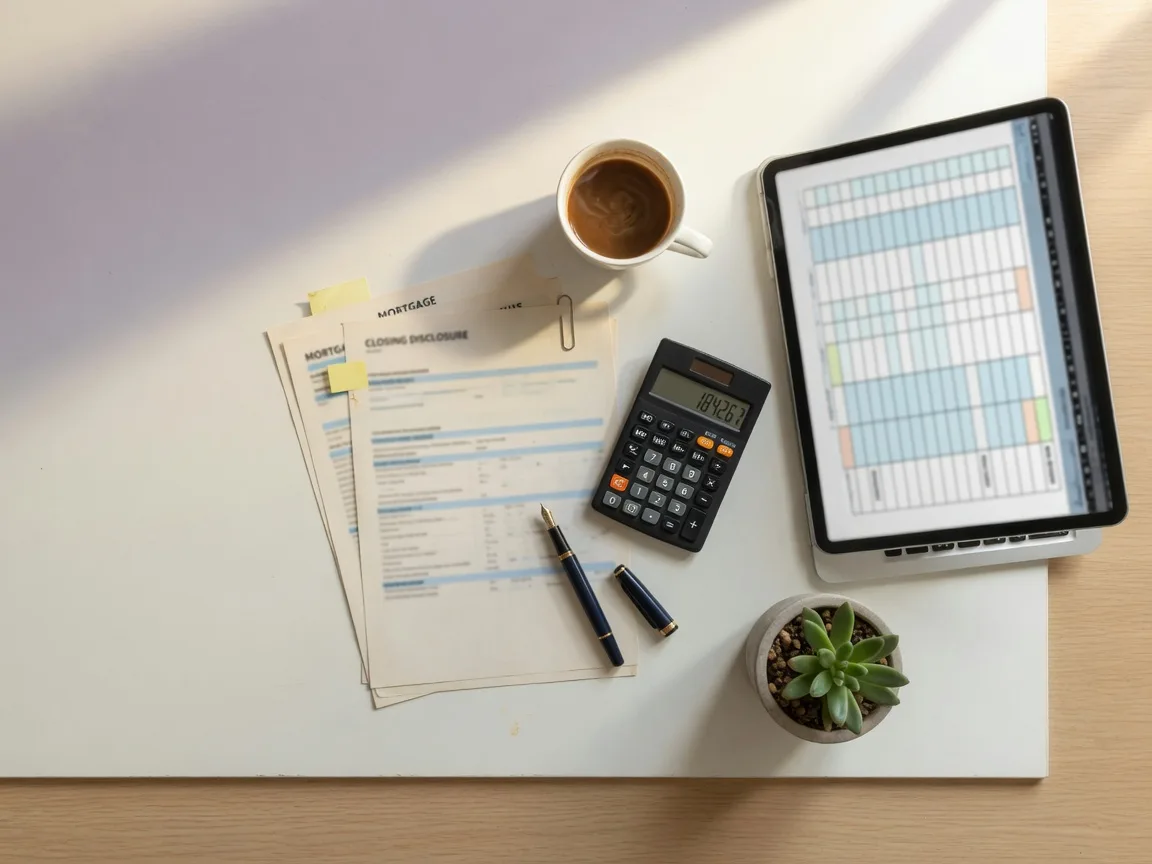 Mortgage paperwork, calculator, and coffee arranged on a desk during a rate comparison
