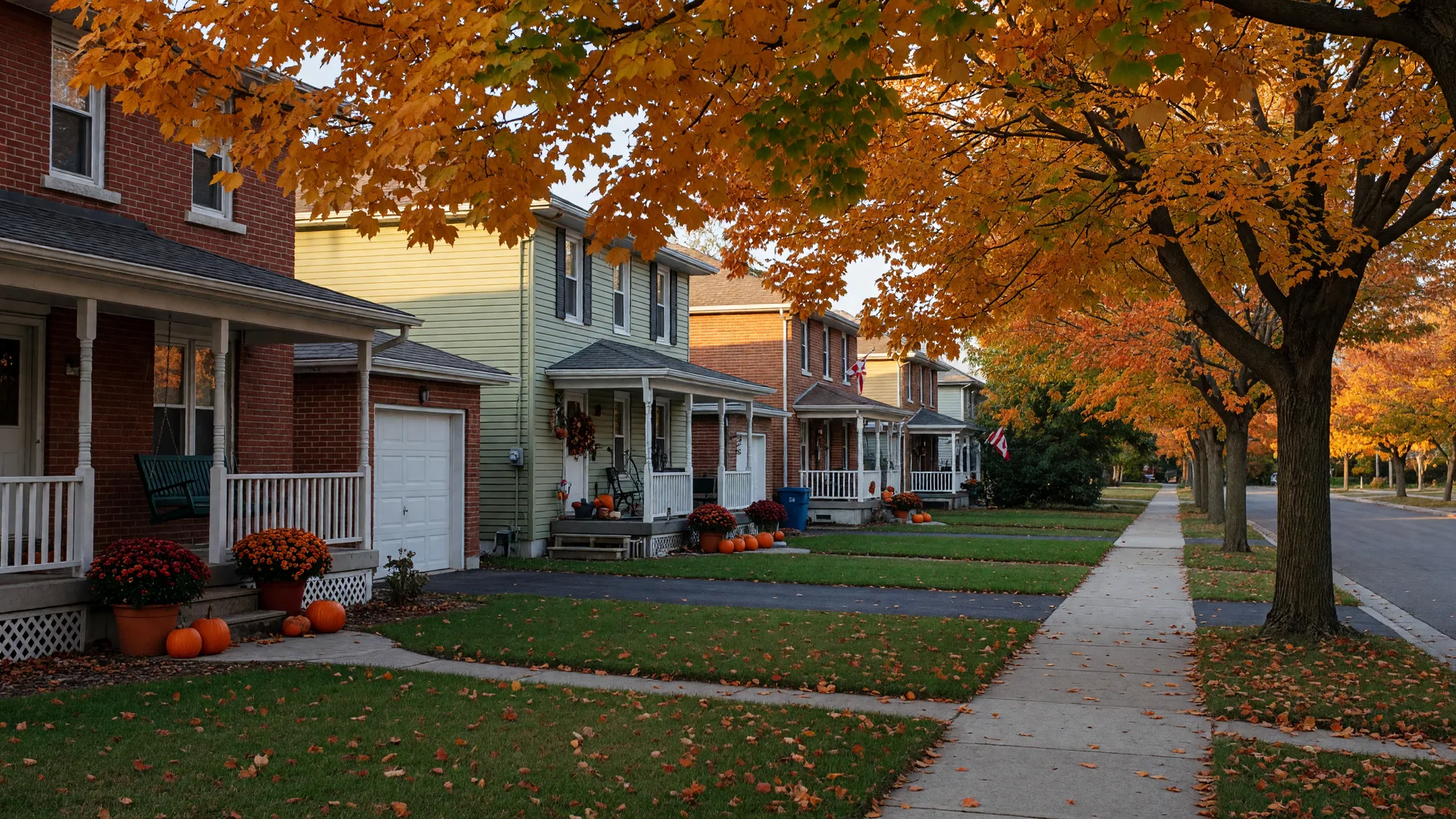 A quiet tree-lined residential street in Port Perry on a late October morning, two-storey family homes with front porches beneath maples in orange and gold autumn colour