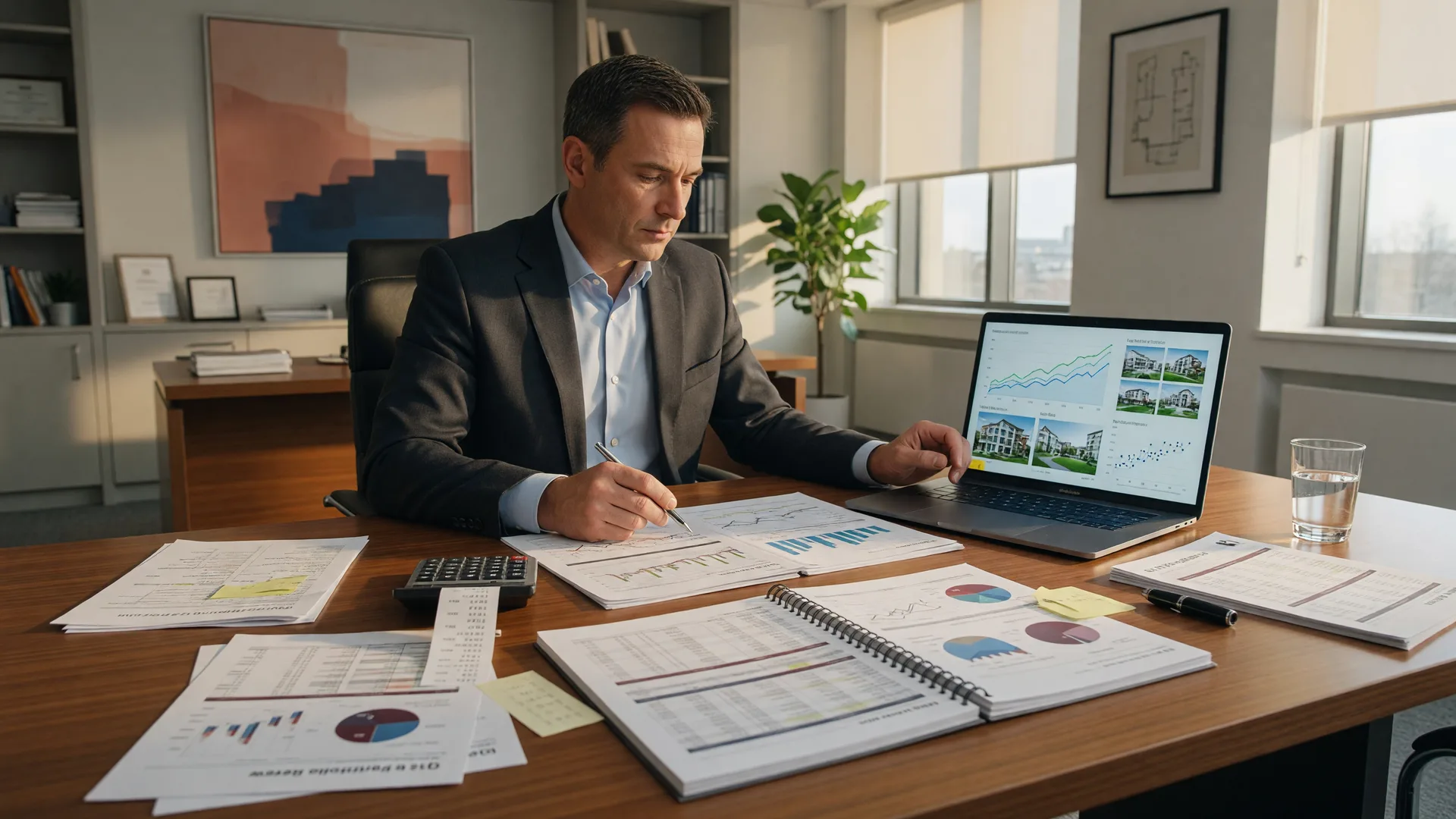 Financial professional reviewing investment documents and real estate charts for a 1031 exchange tax strategy