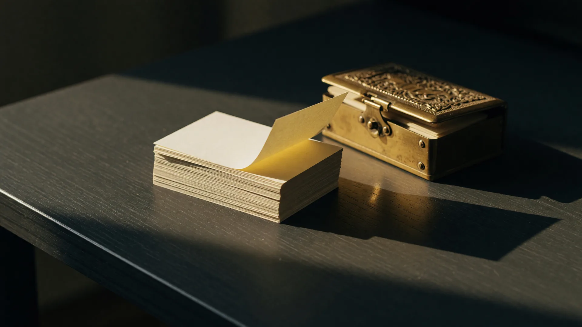 Index cards beside a brass card file in dark charcoal and gold, the thumbnail for Ruth's Brainz Magazine article