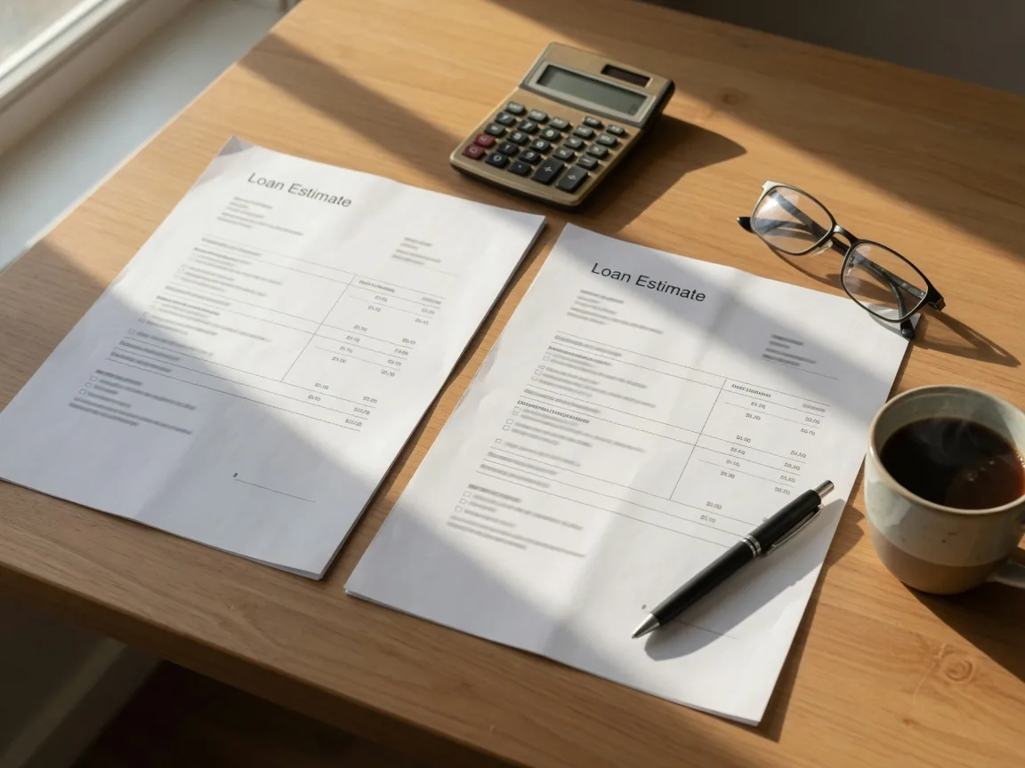 Two Loan Estimate documents side by side on a warm wooden desk with a calculator, pen, and reading glasses