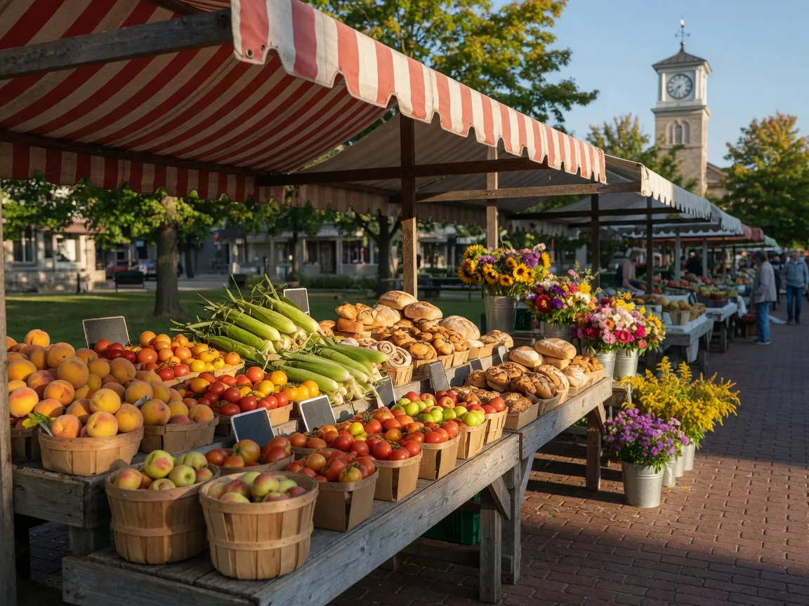 Sunny mid-September morning at a small-town farmers' market with wooden stalls of fresh produce and flowers
