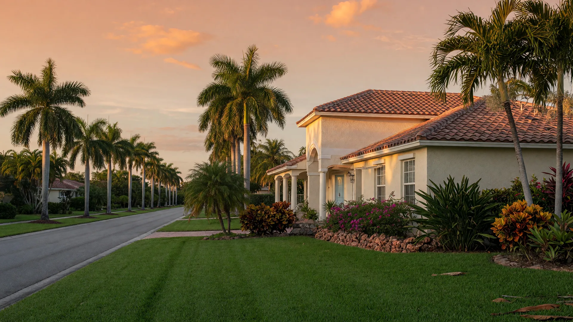 A cream stucco Florida home with a barrel-tile roof on a quiet, palm-lined street at golden hour.