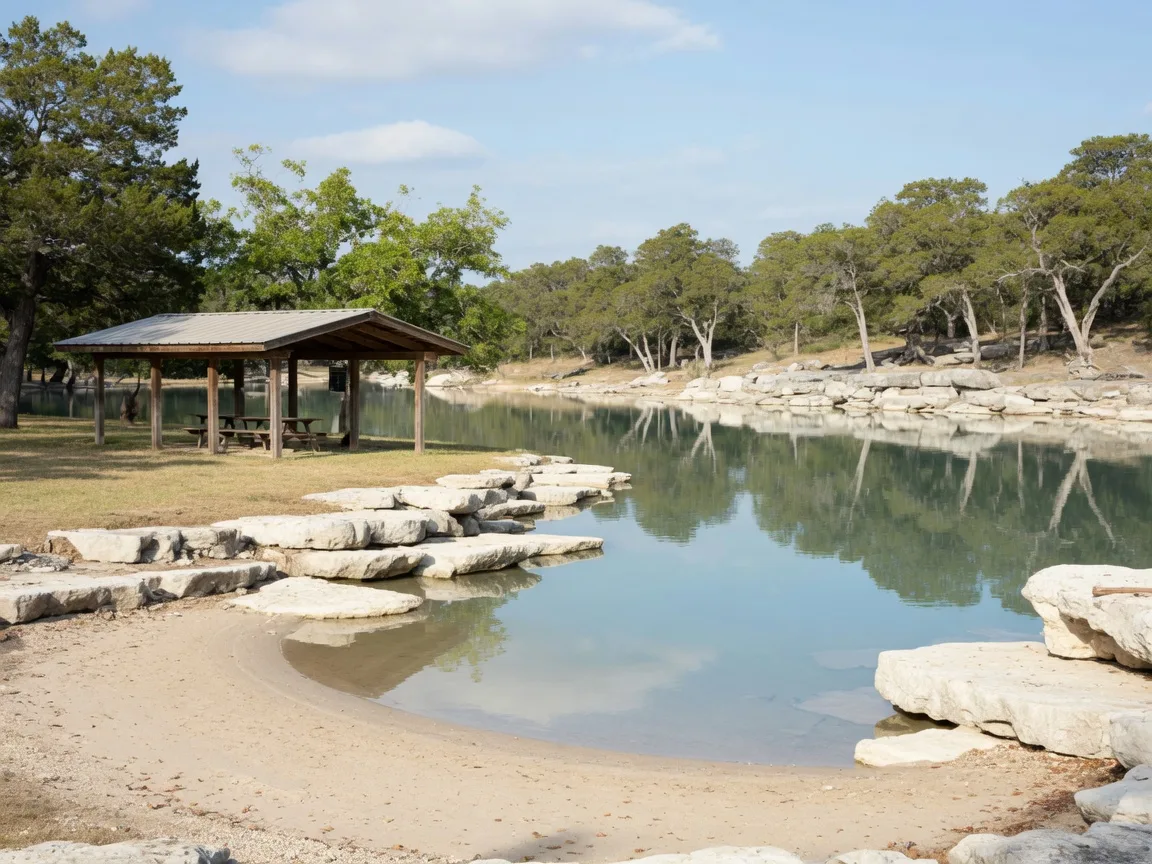 Sunlit lakeside shoreline with a pavilion at Eisenhower State Park near Denison
