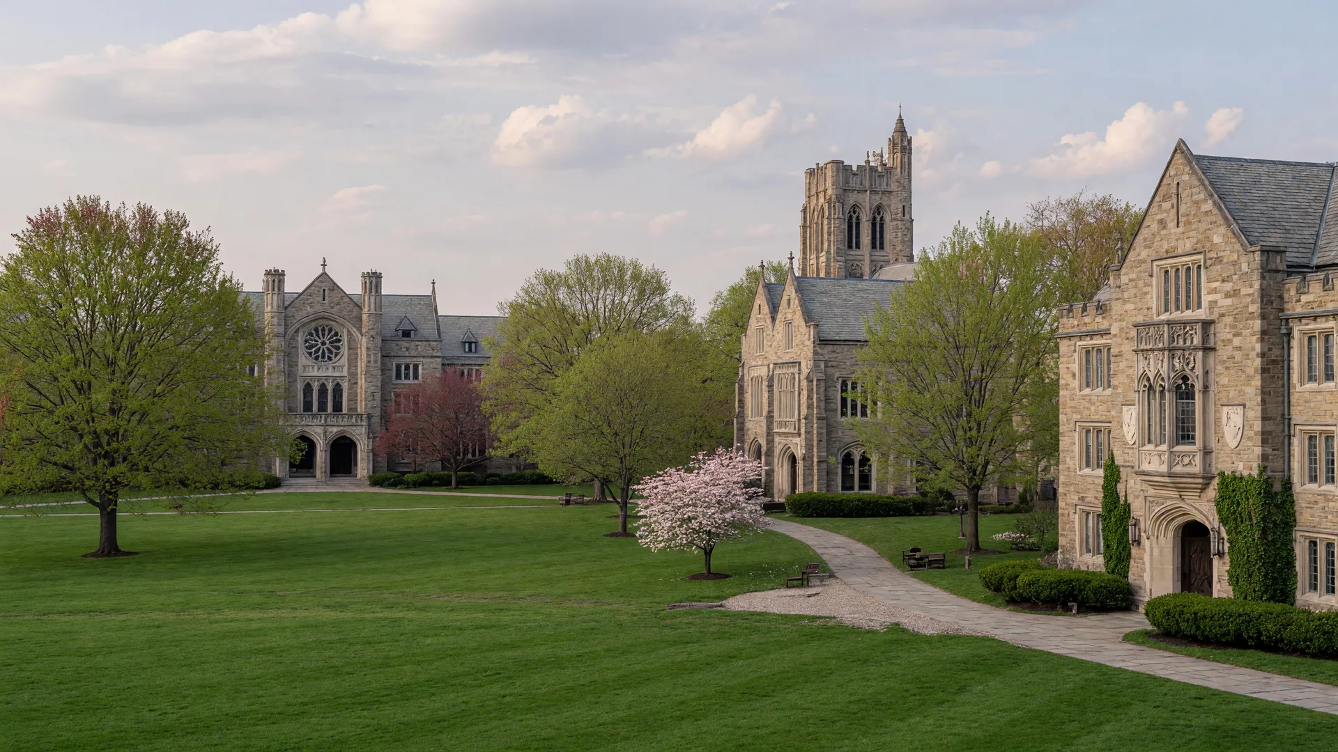 Bryn Mawr College campus with historic Gothic architecture, stone buildings, and manicured lawns