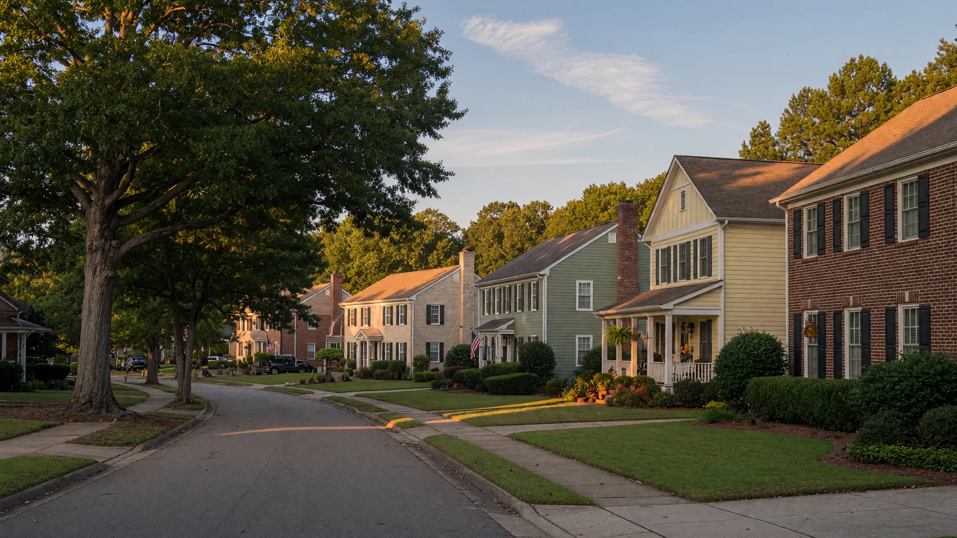 Leafy residential street in a Raleigh North Carolina suburb in late afternoon light