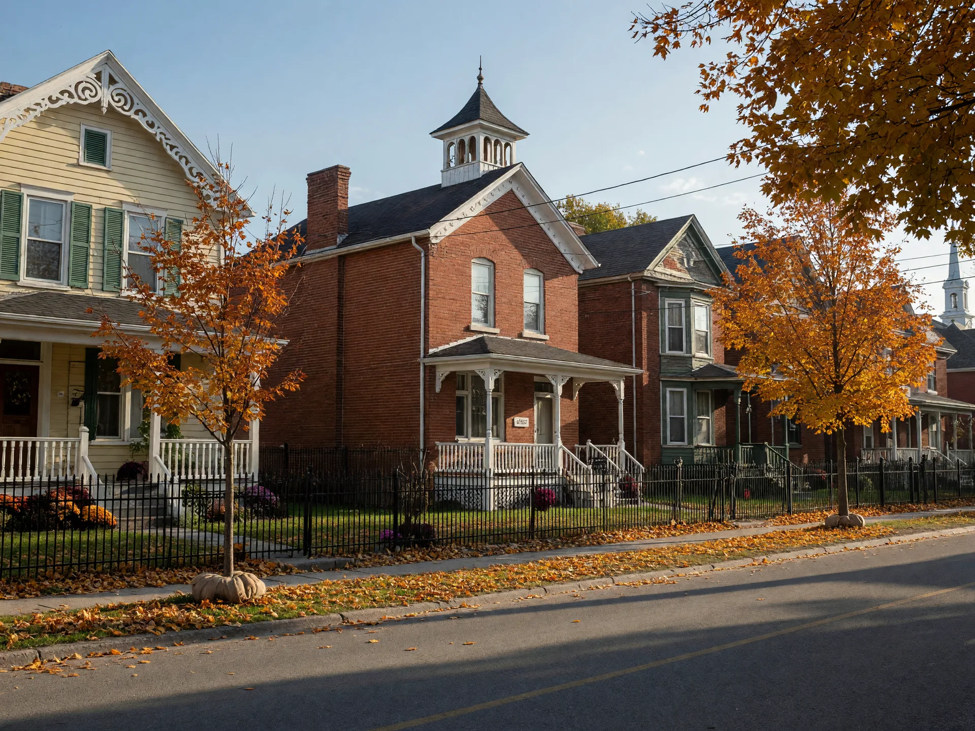 A quiet heritage street in downtown Port Perry in October, with two-storey brick and clapboard century homes, front porches, gingerbread millwork, and maples in full autumn colour