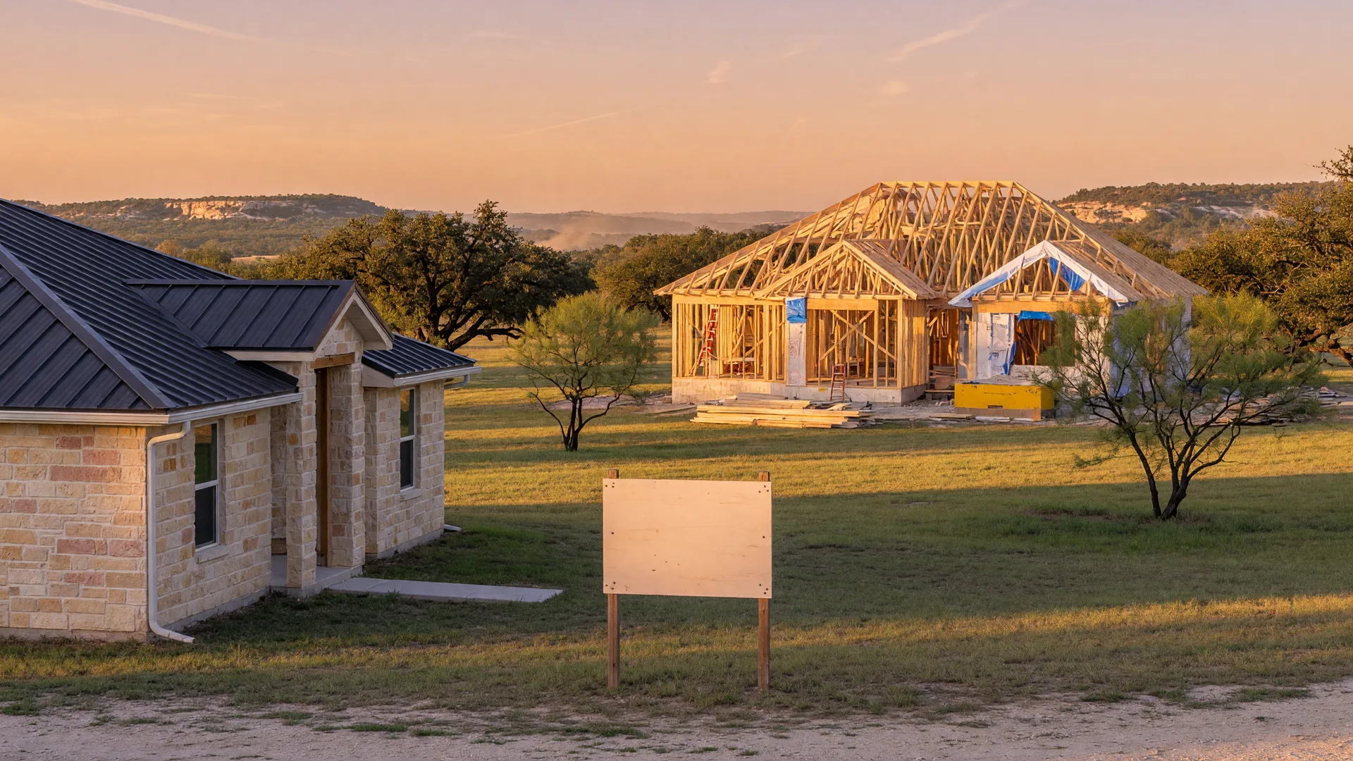 A framed home under construction in the distance with a finished stone resale home and for-sale sign in the foreground