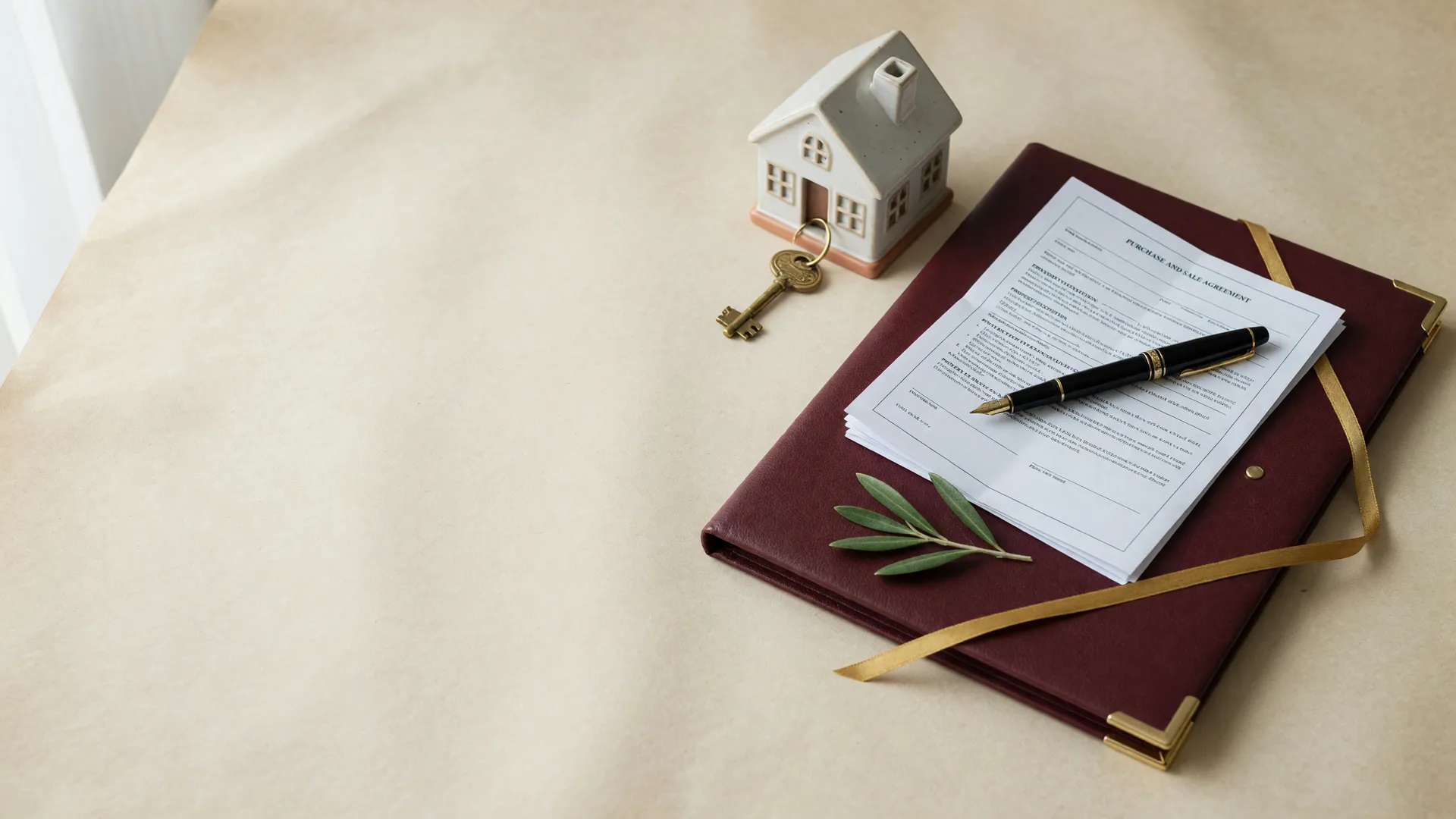 Top-down flat-lay photograph of a home sale scene