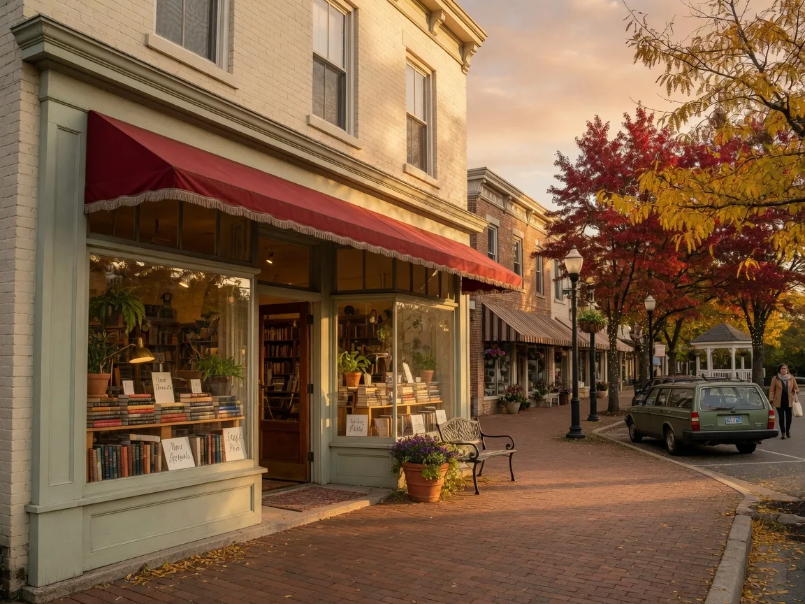 MacArthur Books in Carmel Indiana's Village of WestClay — a charming independent bookstore storefront with large display windows, warm golden-hour light, and a welcoming neighborhood bookstore atmosphere