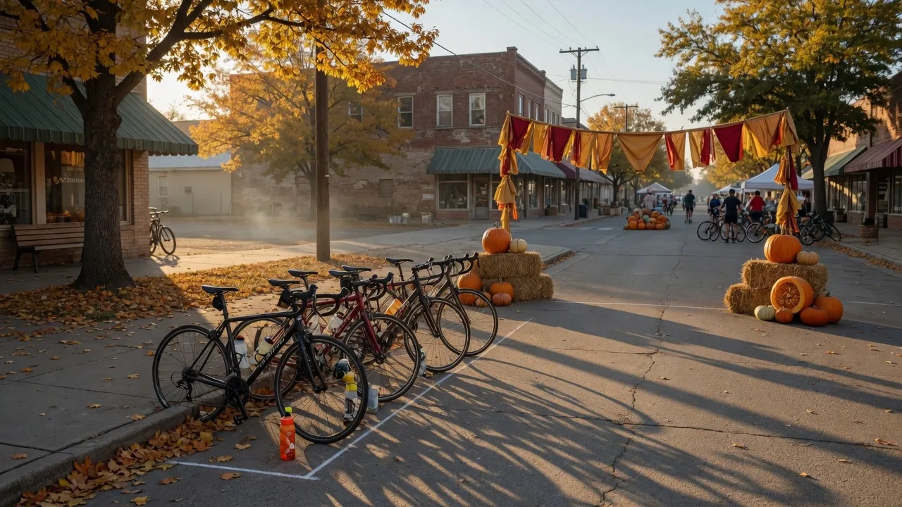 A small Texas town main street dressed for a fall festival on a crisp October morning, road bicycles leaning near a start-line arch with bunting, pumpkins and hay bales beside storefronts, gold oak leaves in low morning sun