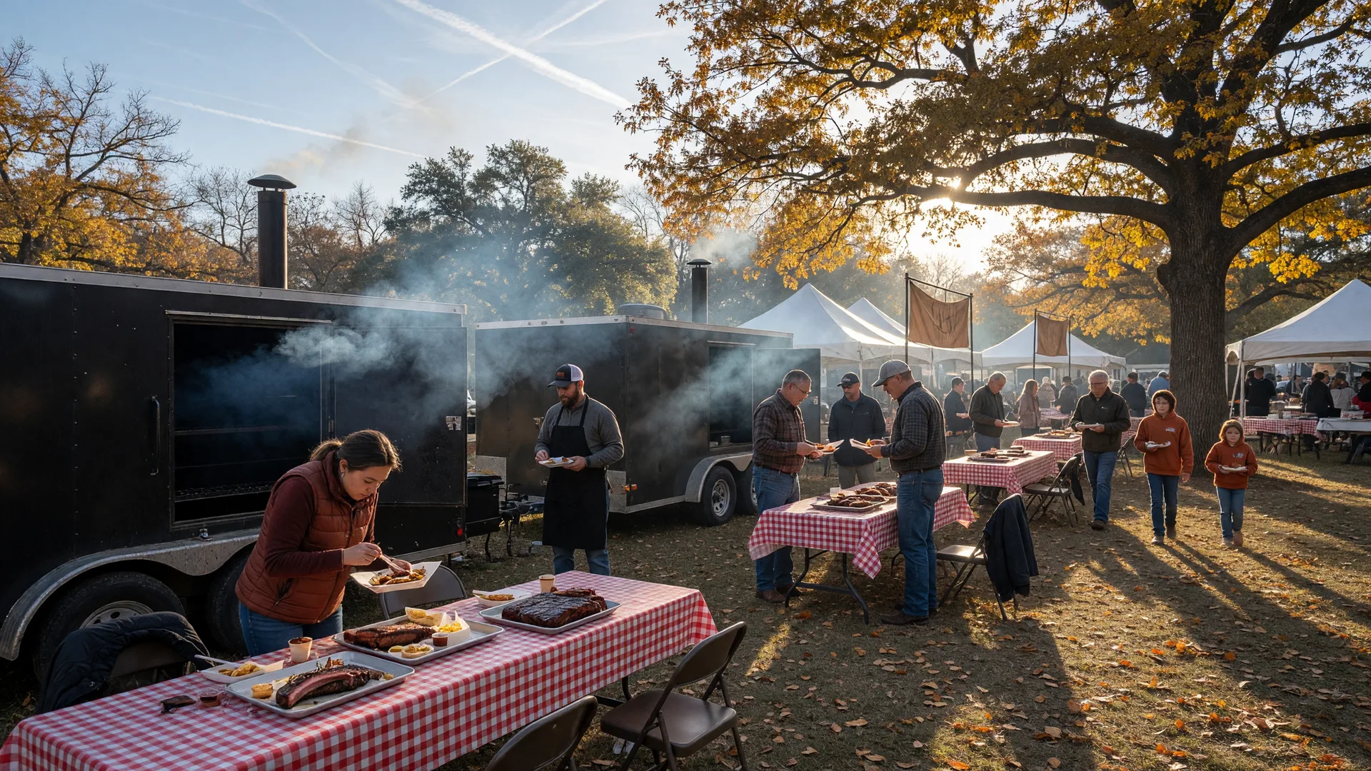 Texas BBQ festival in a park with offset smokers, competition tents, and autumn trees