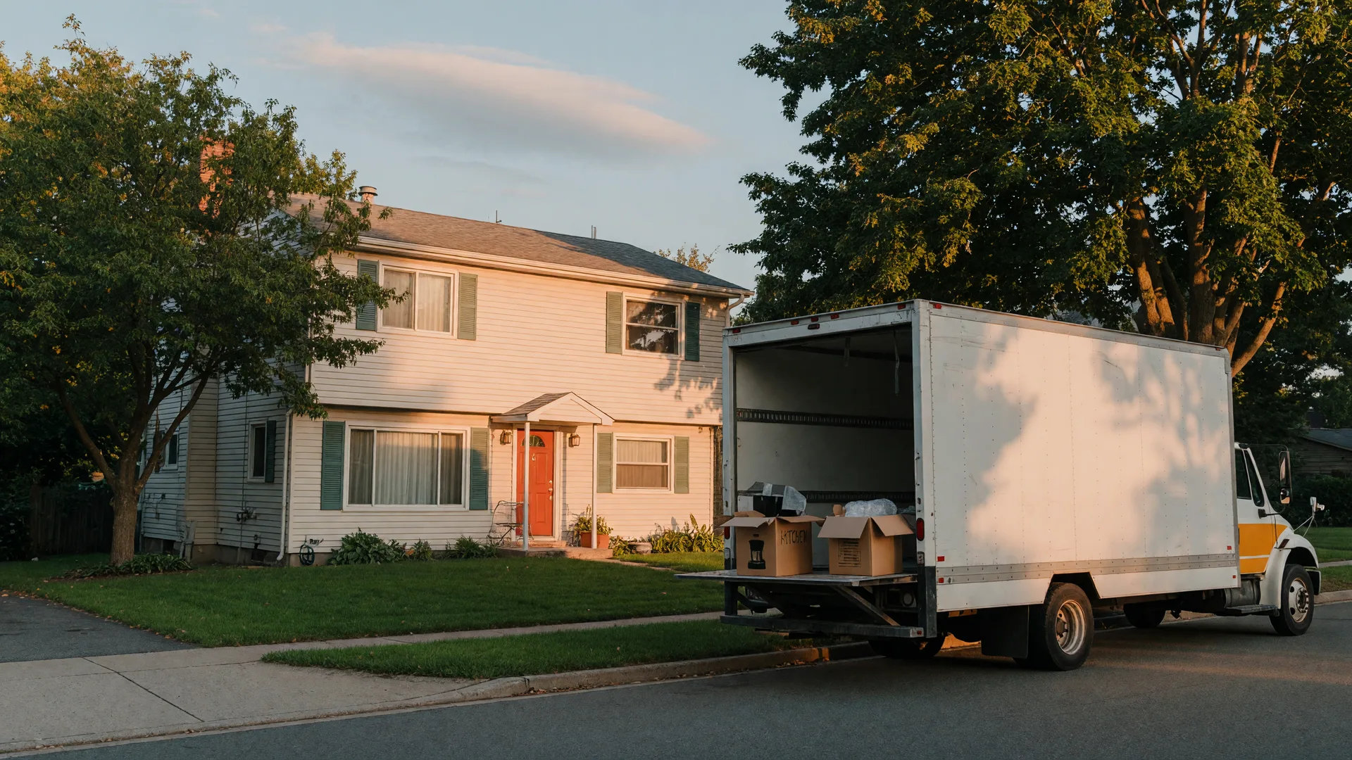 A moving truck parked outside a suburban home