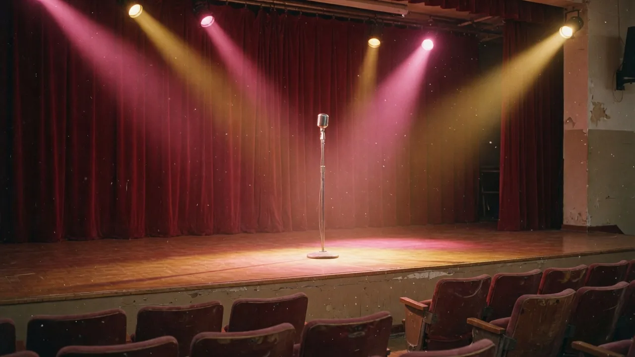 A tribute concert stage with rose and gold spotlights above a vintage microphone